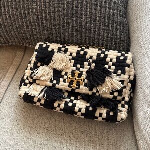 Tory Burch Black and Cream Kira Tweed Woven bag